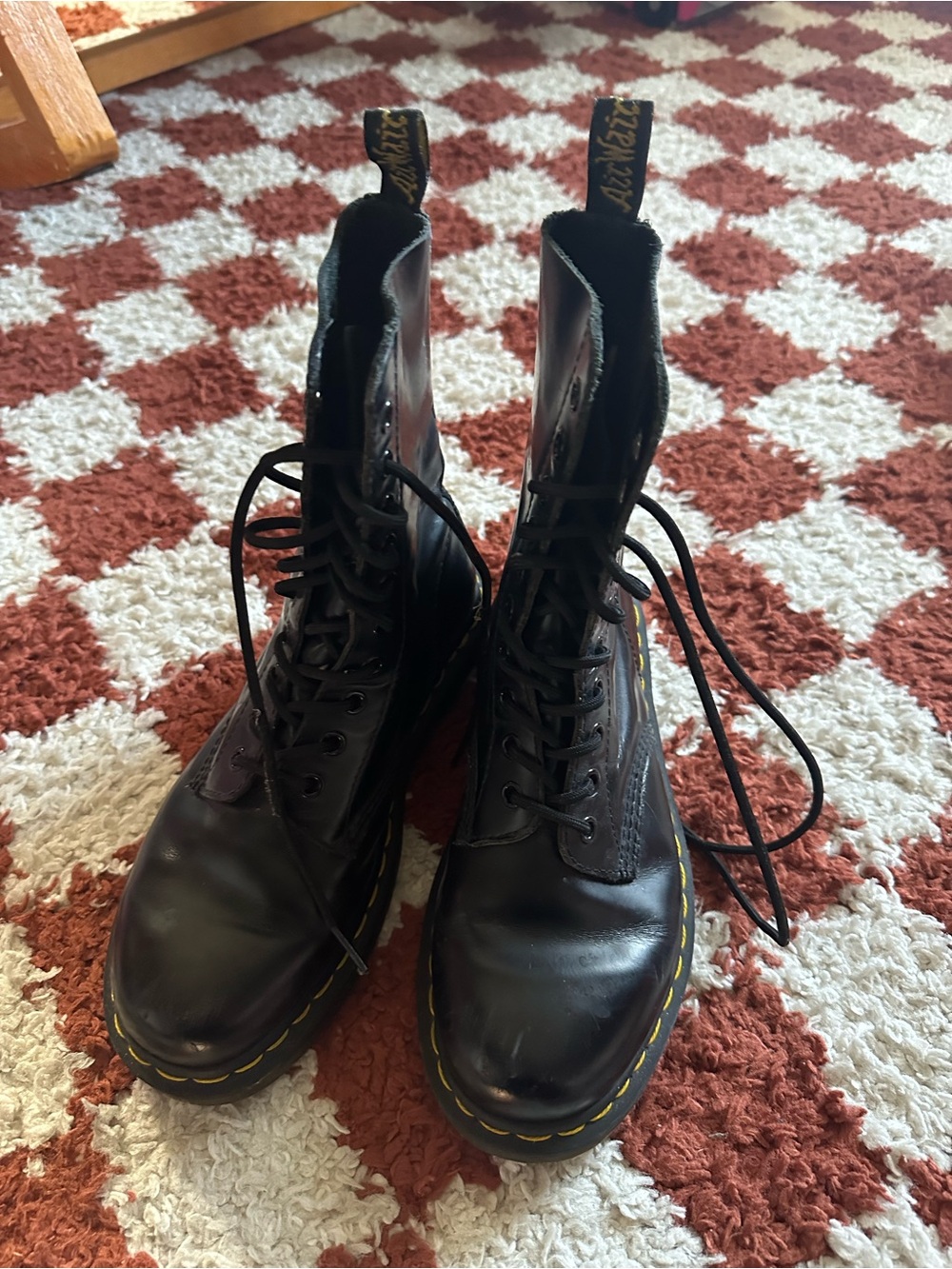 Dr. Martens Black Leather Lace-Up Boots with Yellow Stitching 10 eye